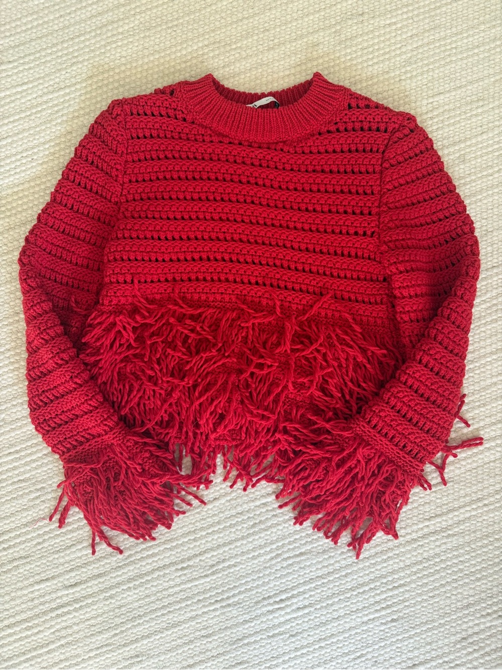 Zara Red Cropped Fringe Crewneck Sweater